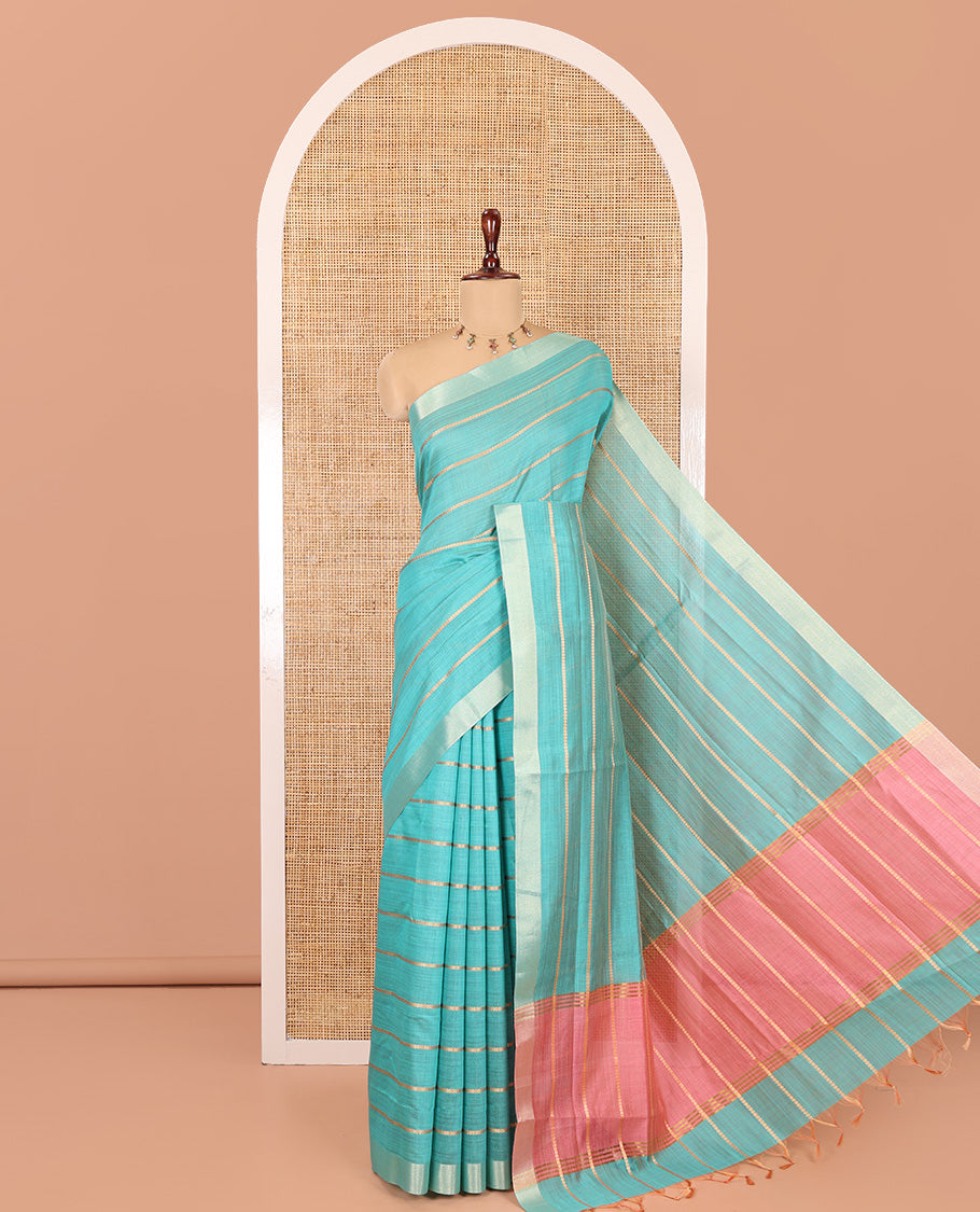 Rama Blue Semi-Silk Cotton Saree, Elevated with Veldhari Stripes, Gold Zari Border, Contrast Striped Pallu and a Contrast Blouse