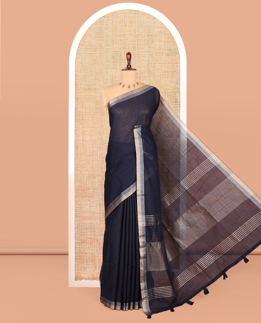 Navy Blue Plain Linen Cotton Saree, a Subtle Zari Border, a Self-Pallu, and Matching Blouse