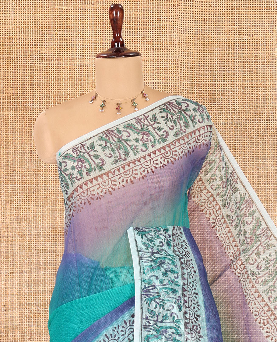 Rama Plain Ombre-Styled Kota Doria Saree, a Contrast Floral Printed Border, and a Contrast Printed Blouse
