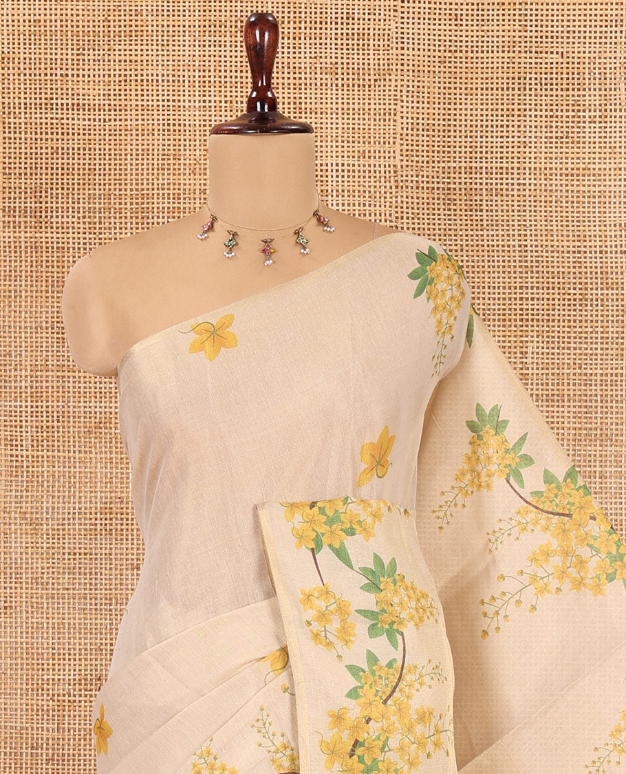 Borderless Gold Tissue Saree, Adorned with Floral Print, Floral Printed Pallu, and a Matching Blouse
