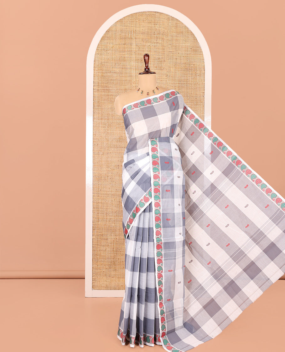 White-Grey Checked Chettinad Cotton Saree, Adorned with Buttas, Thread-Woven Border, a Self-Pallu, and No Blouse