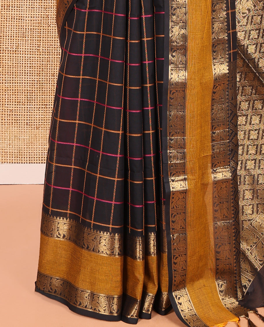 Black Checked Chettinad Cotton Saree, Complemented by Contrast Rettai Pettu Granga-Jamuna Border, Jaal Pallu, and a Matching Blouse