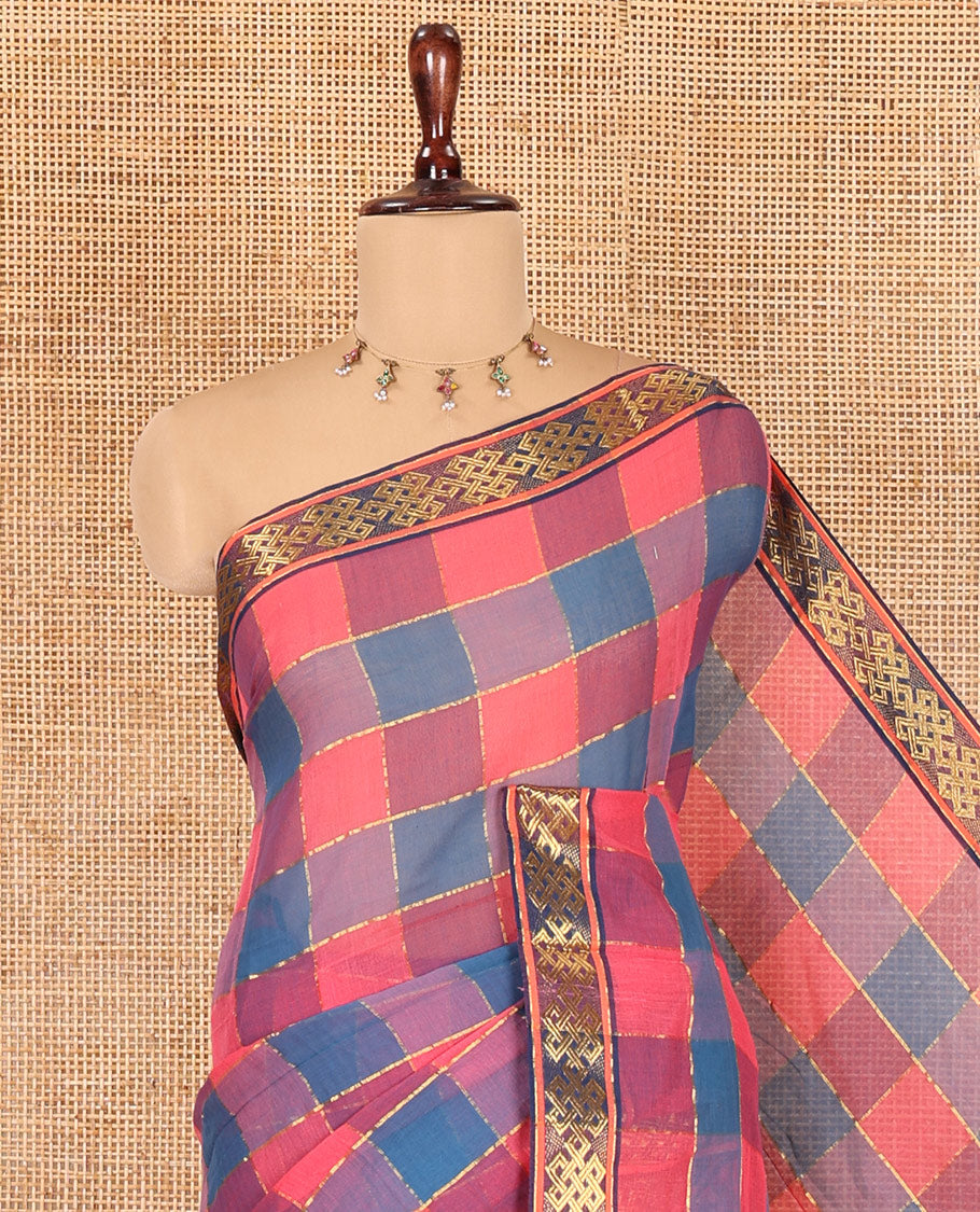Blue-Pink Checked Khadi Mul Cotton Saree, a Subtle Kolam Zari Buttas Border, a Self-Pallu, and a Matching Blouse