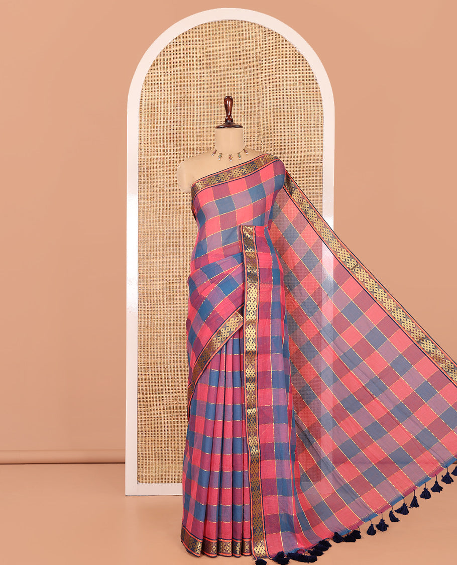 Blue-Pink Checked Khadi Mul Cotton Saree, a Subtle Kolam Zari Buttas Border, a Self-Pallu, and a Matching Blouse