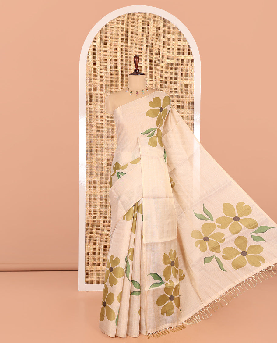 Borderless Cream-Olive Green Tissue Saree Features Floral Print, a Floral Printed Pallu, and a Contrast Blouse