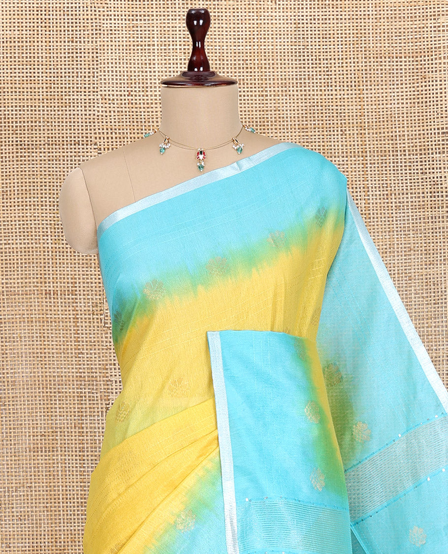 Yellow Bhagalpur Cotton Saree, Subtly Sparkled with Buttas, a Contrast Butta Border, and a Contrast Blouse