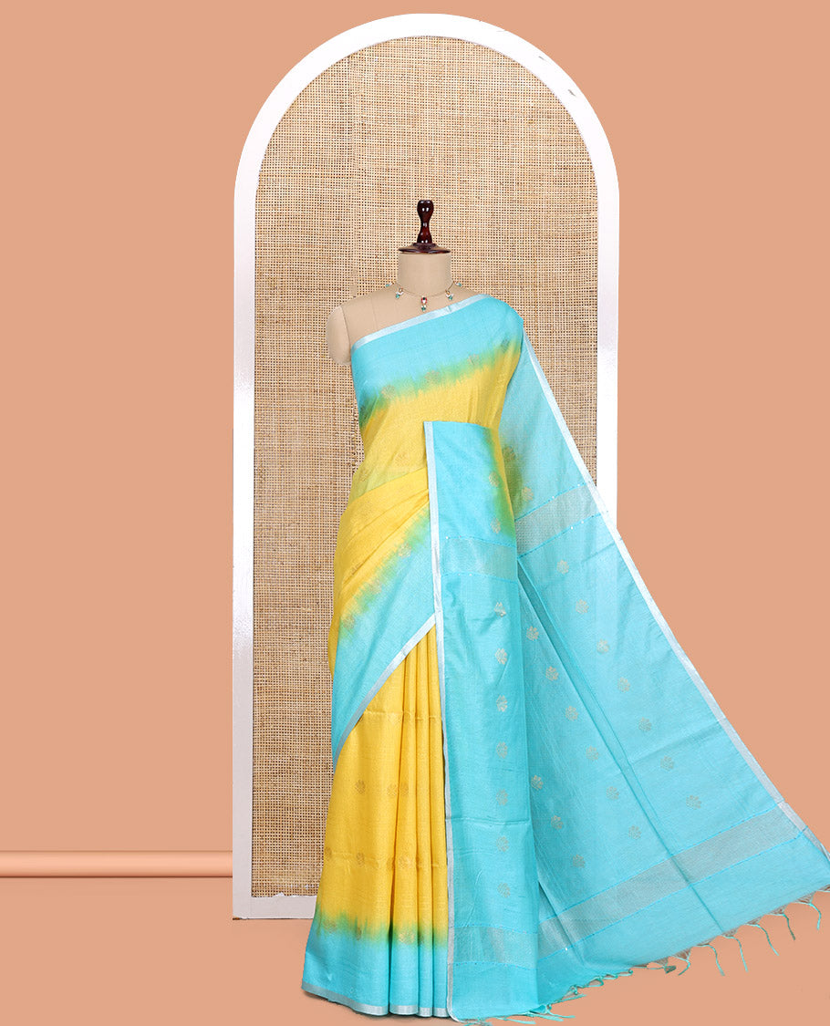 Yellow Bhagalpur Cotton Saree, Subtly Sparkled with Buttas, a Contrast Butta Border, and a Contrast Blouse