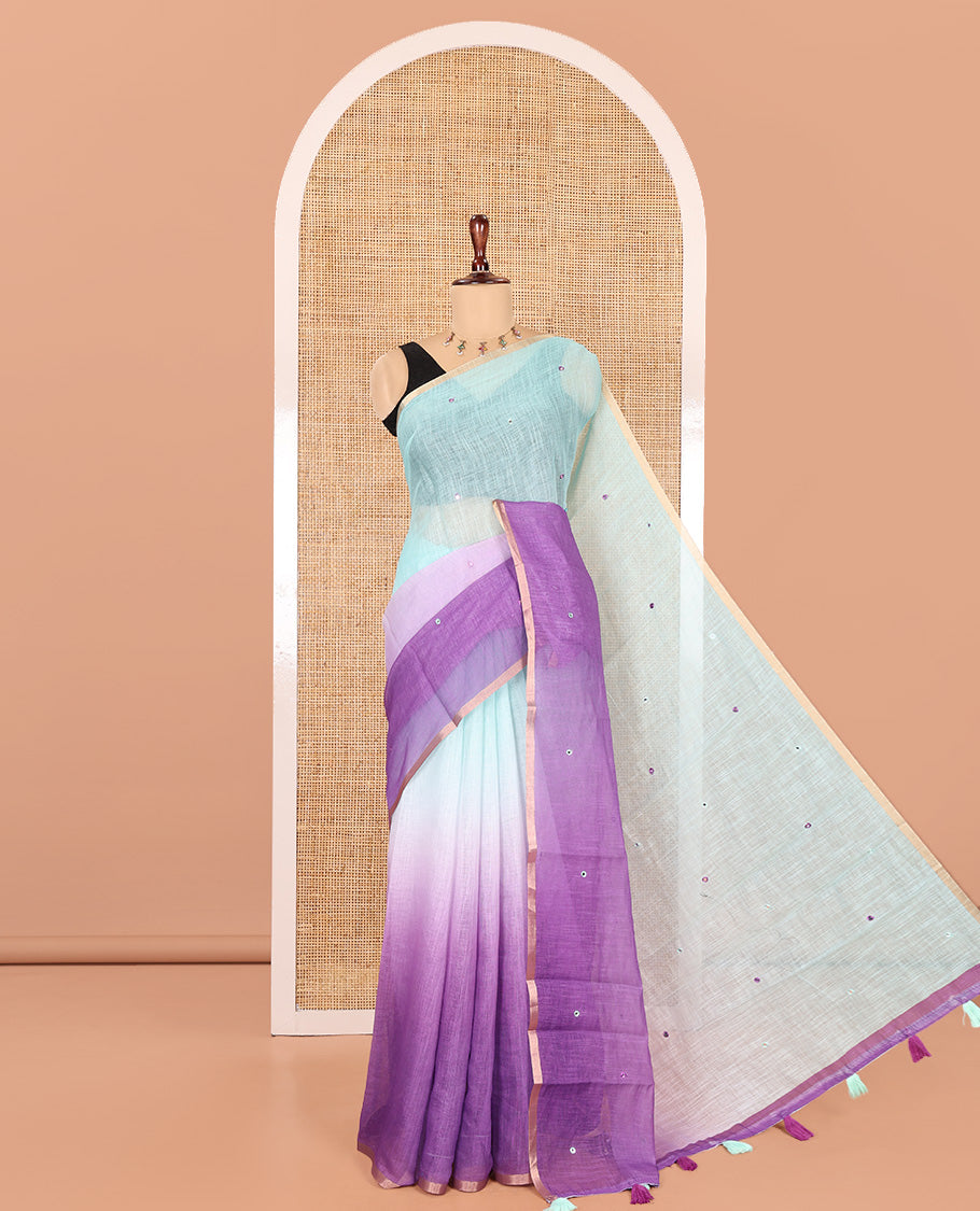 Purple Linen Cotton Saree Features Ombre-Style Dyed and Mirrorwork, a Subtle Piping Border, and a Matching Blouse