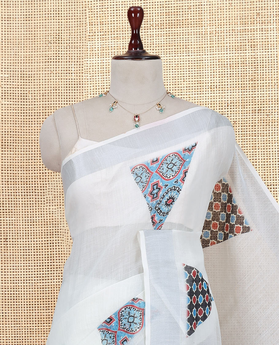 Cream Linen Cotton Saree, Gleamed Up with Triangle Motifs Print, a Zari Border, Printed Pallu, and a Contrast Blouse