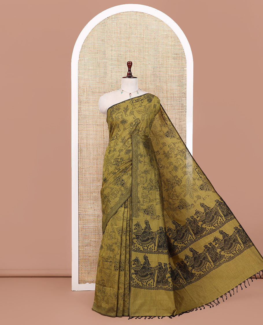 Borderless Mustard South Cotton Saree Features Traditional Village-Theme Print, and a Matching Blouse