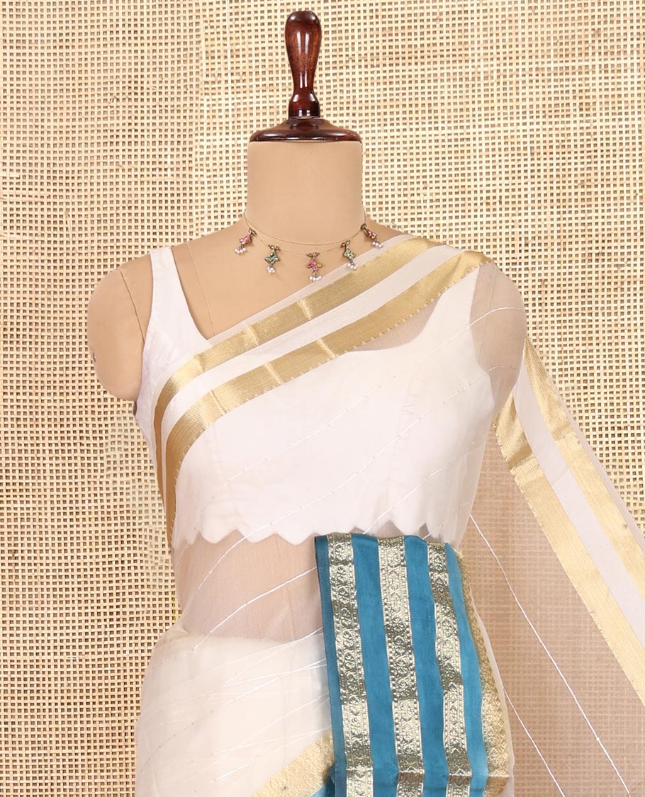 Off-White-Blue Horizontal Striped Semi-Organza Saree, a Contrast Traditional Zari Border, Striped Pallu, and a Contrast Blouse