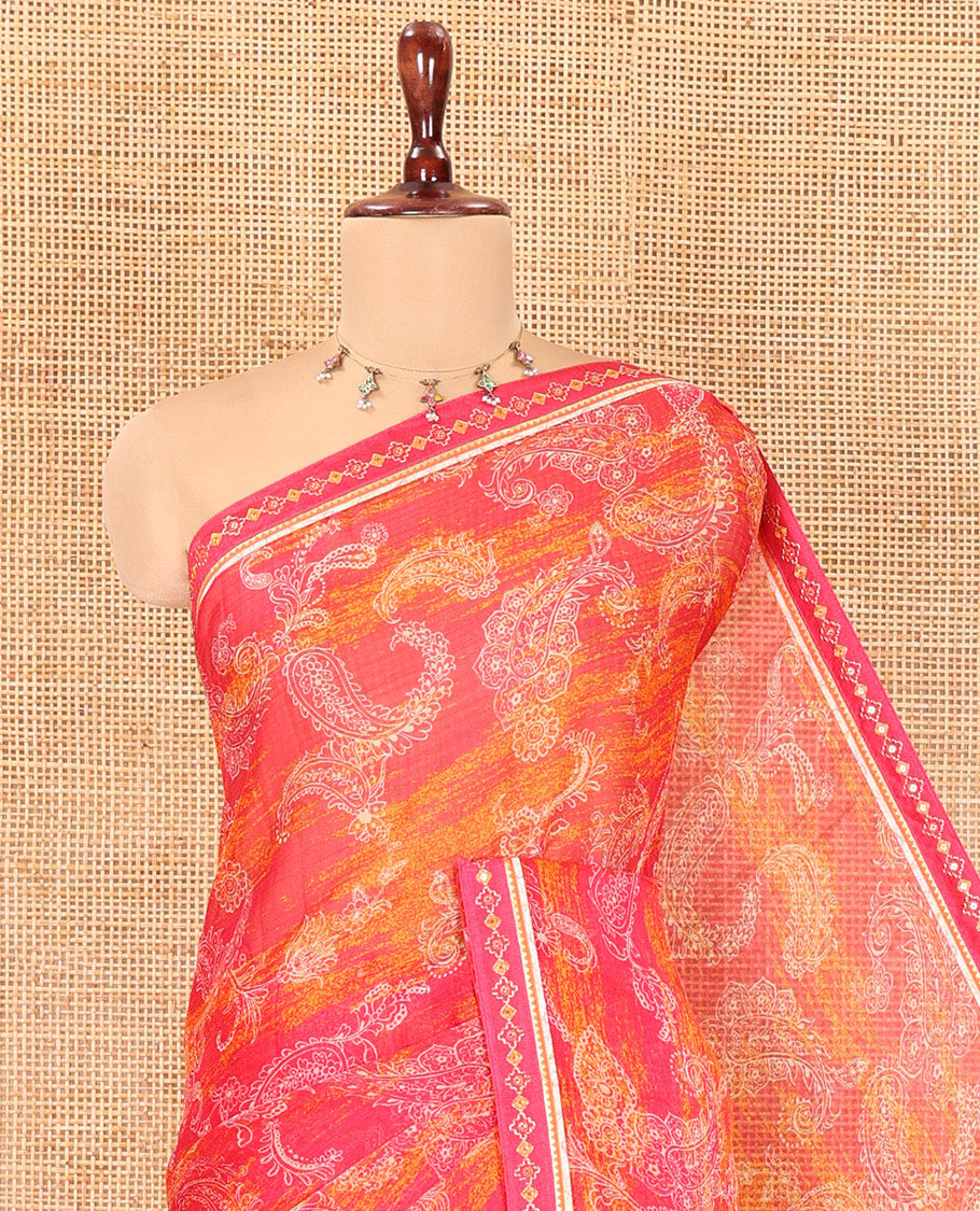 Rani Pink Chiffon Saree, Steeped in Richness of Paisleys, a Subtle Border, a Contrast Blouse
