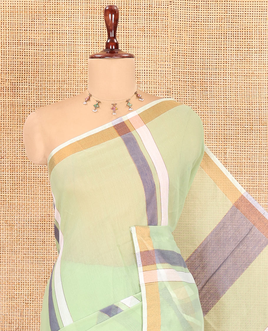 Green Khadi Cotton Saree, Adorned with Stripes, a Subtle Border, Striped Pallu, and Plain Blouse