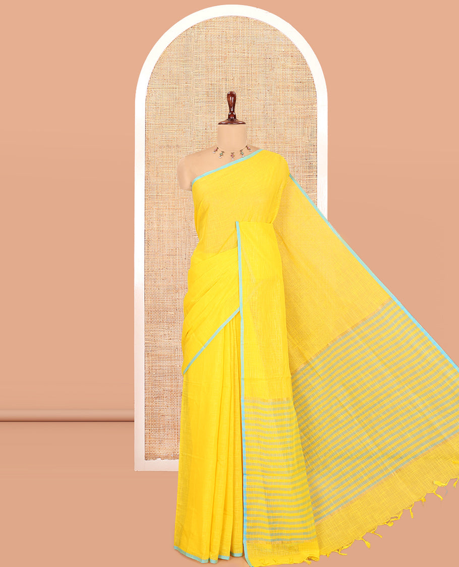 Yellow Geometric Textured Handloom Mercerized Cotton Saree, a Subtle Piping Border, Striped Pallu, and a Contrast Blouse