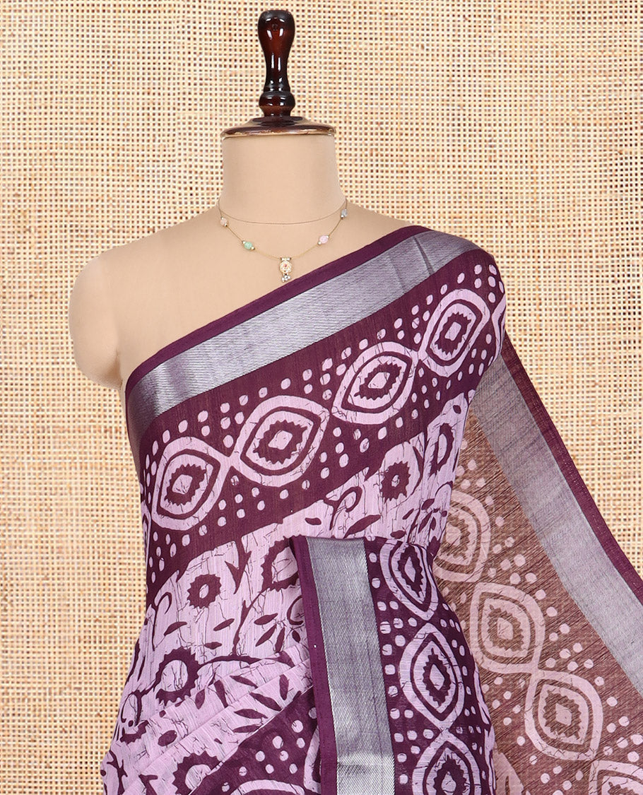 Pink Jute Linen Saree Features Batik Floral Print, Zari Border, Printed Pallu, Contrast Blouse