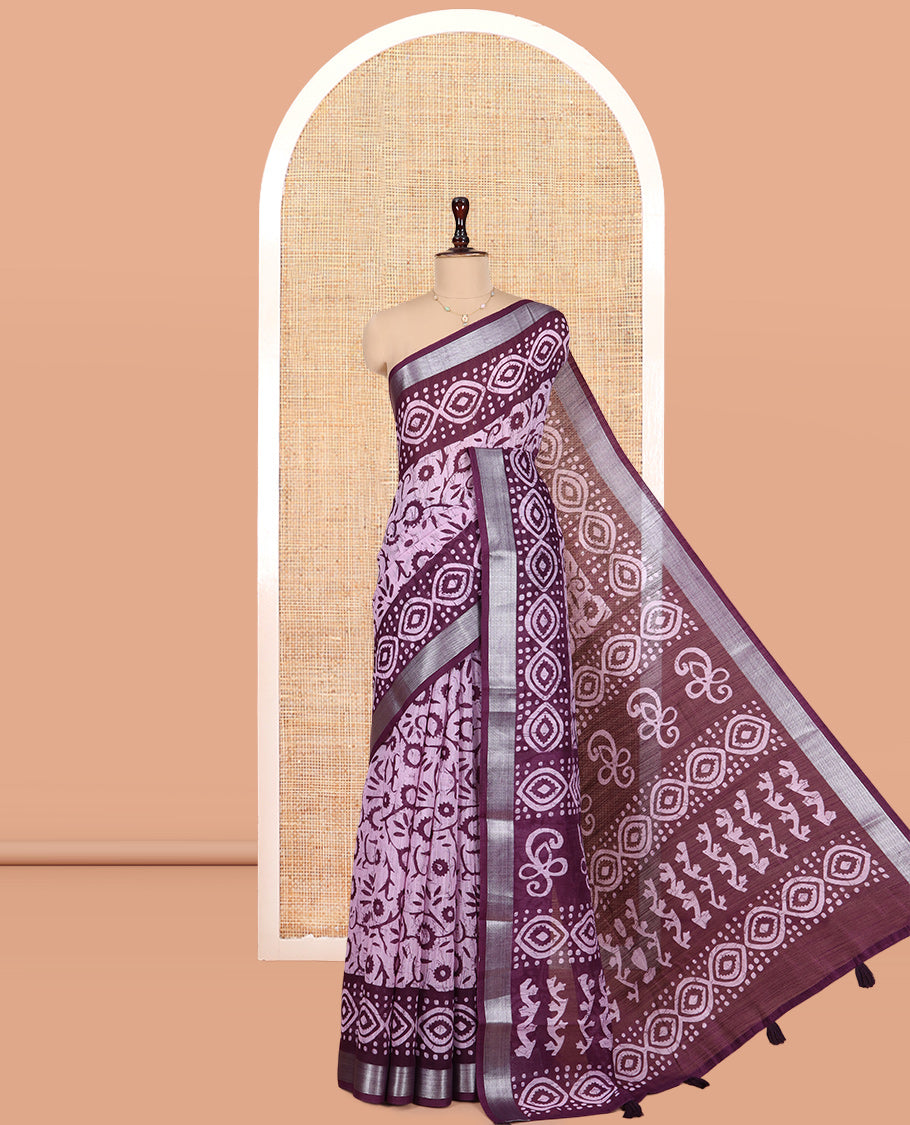Pink Jute Linen Saree Features Batik Floral Print, Zari Border, Printed Pallu, Contrast Blouse