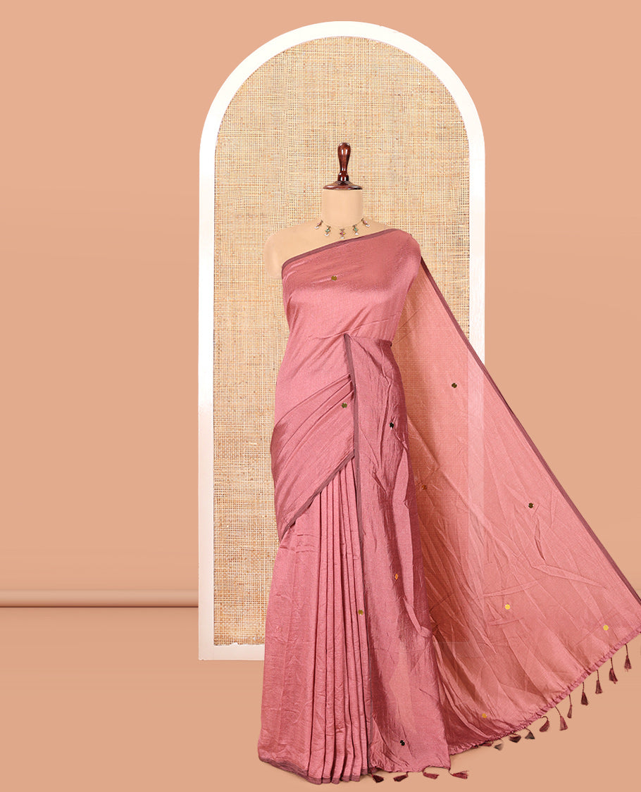 Borderless Onion Pink Vichitra Saree Features Gleaming Sequin Work, and a Matching Blouse