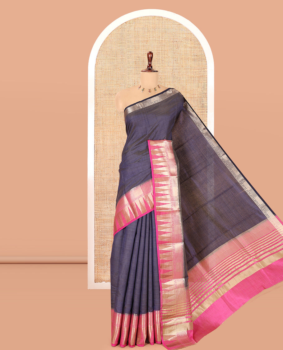 Navy Plain Semi-Tussar Saree, Contrast Traditional Temple Border, Striped Pallu, Contrast Blouse