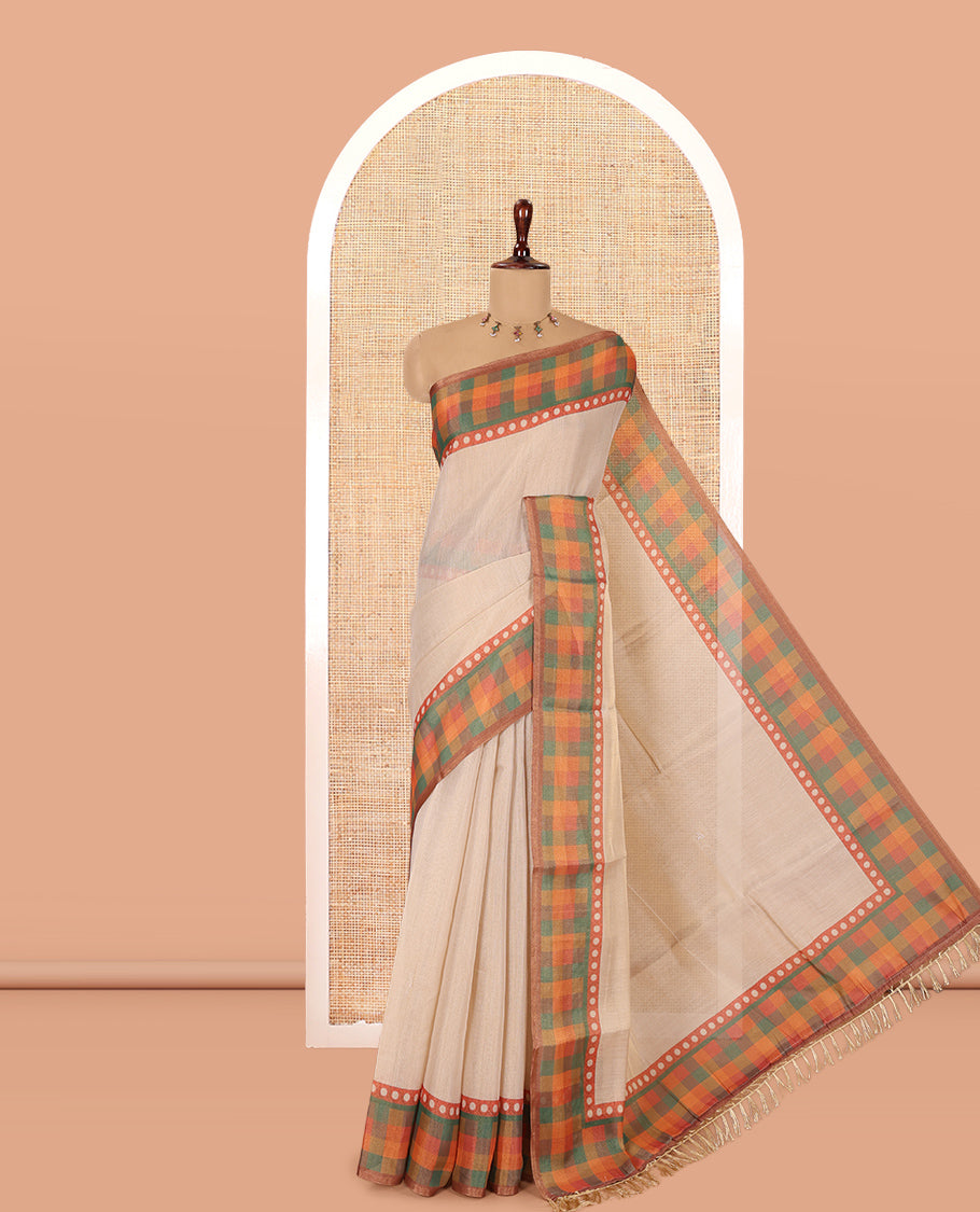 Gold Plain Tissue Saree, Contrast Multi-Color Checked Border, and a Contrast Blouse
