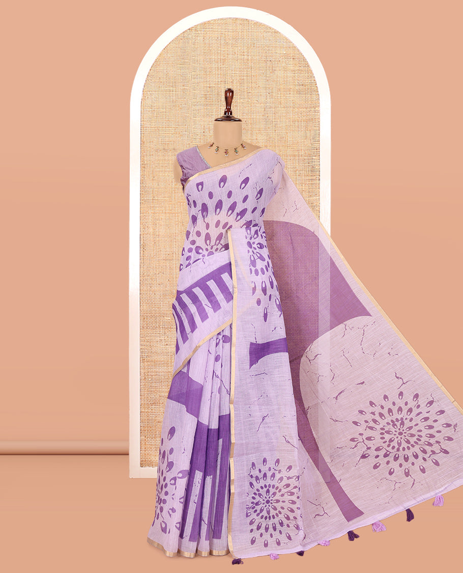 Borderless Violet Linen Cotton Saree, Elevated with Geometric-Abstract Print and a Contrast Blouse