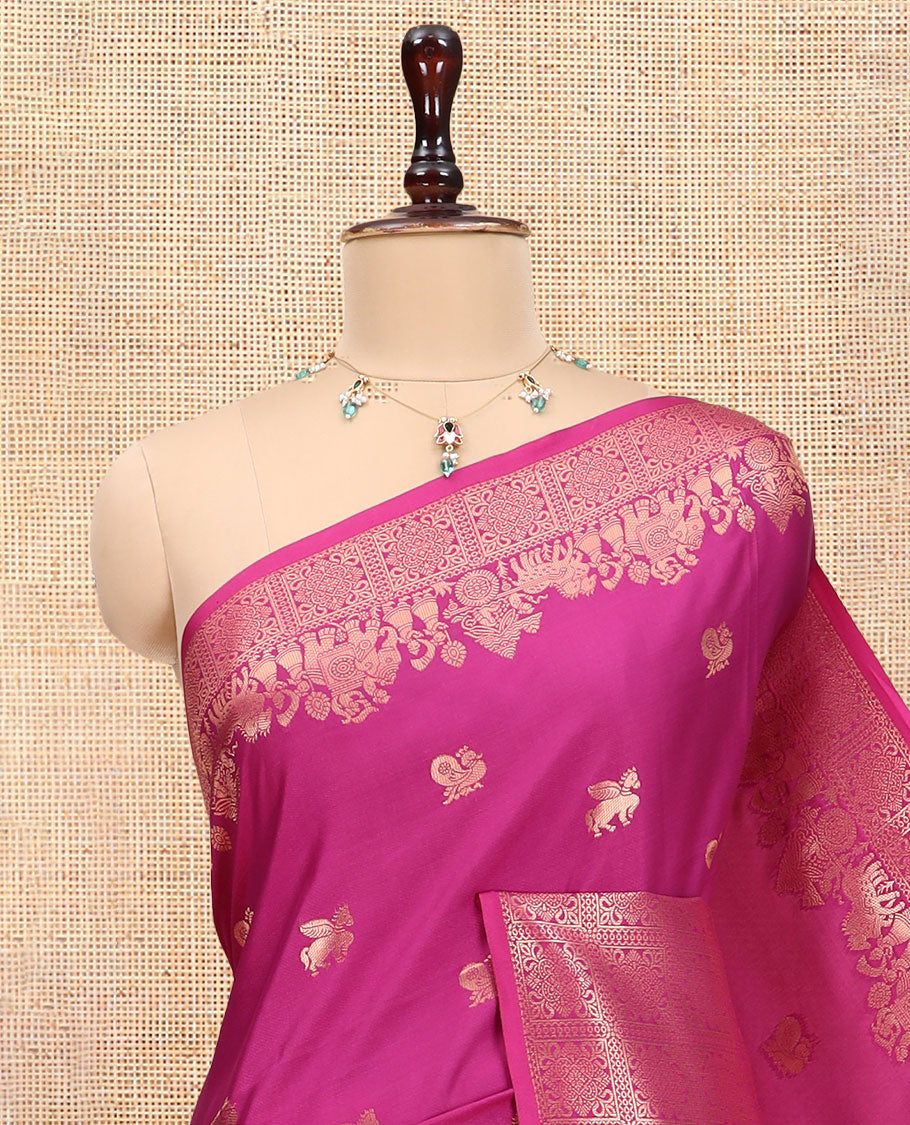 Magenta Soft Silk Saree, Decorated with Horse-Peacock Buttas, a Zari Border, Jaal Pallu, and a Matching Blouse