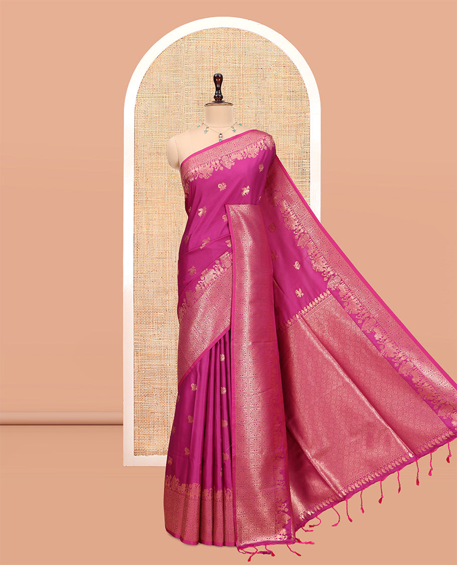 Magenta Soft Silk Saree, Decorated with Horse-Peacock Buttas, a Zari Border, Jaal Pallu, and a Matching Blouse