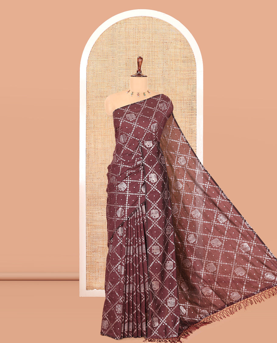 Borderless Dark Maroon Vichitra Silk Saree Features Elephant Butta Enclosed Jaal Design, a Self-Pallu, and No Blouse