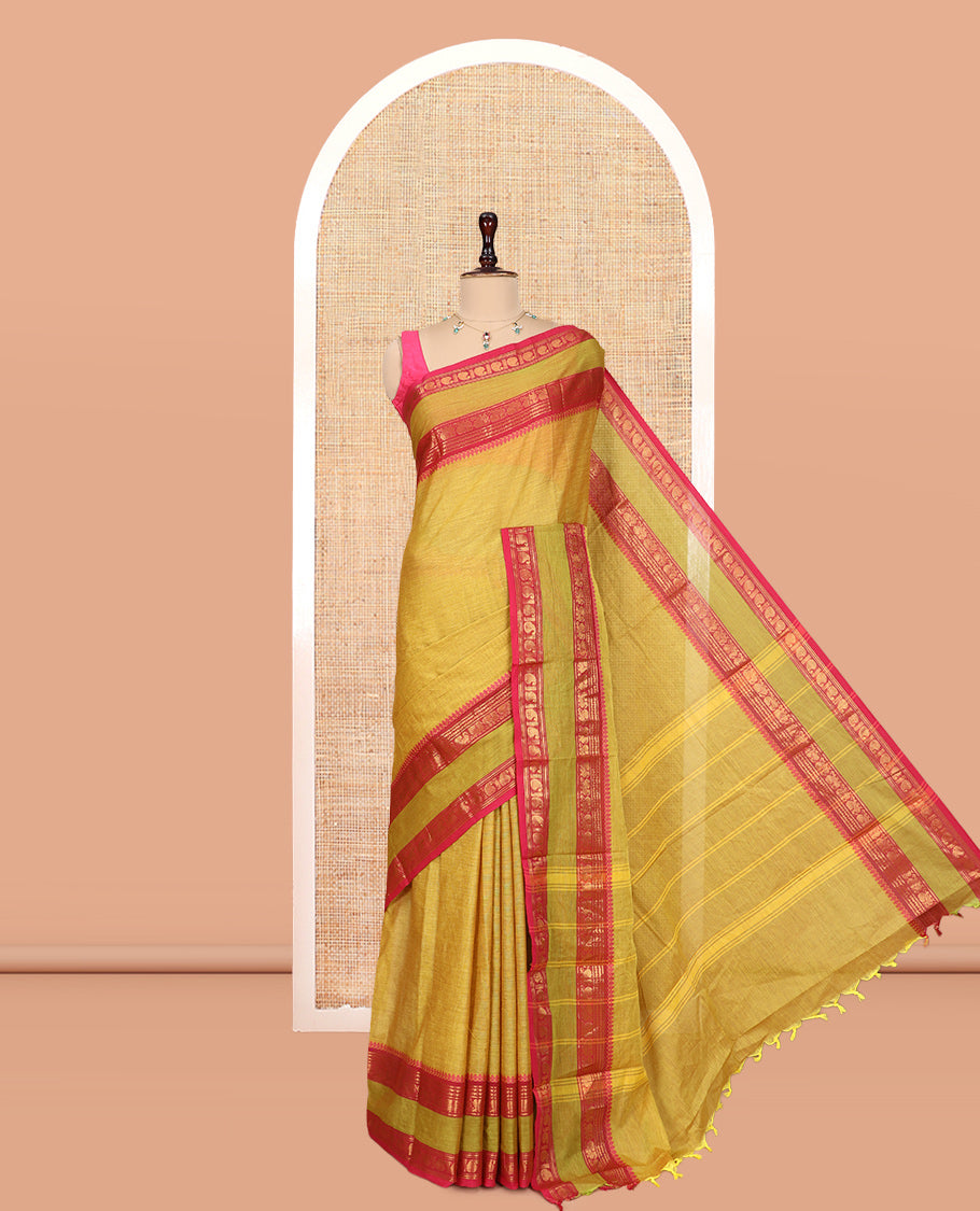 Lemon Yellow Plain Chettinad Cotton Saree, a Contrast Traditional Thread Rettai Pettu Border, Striped Pallu, a Matching Blouse