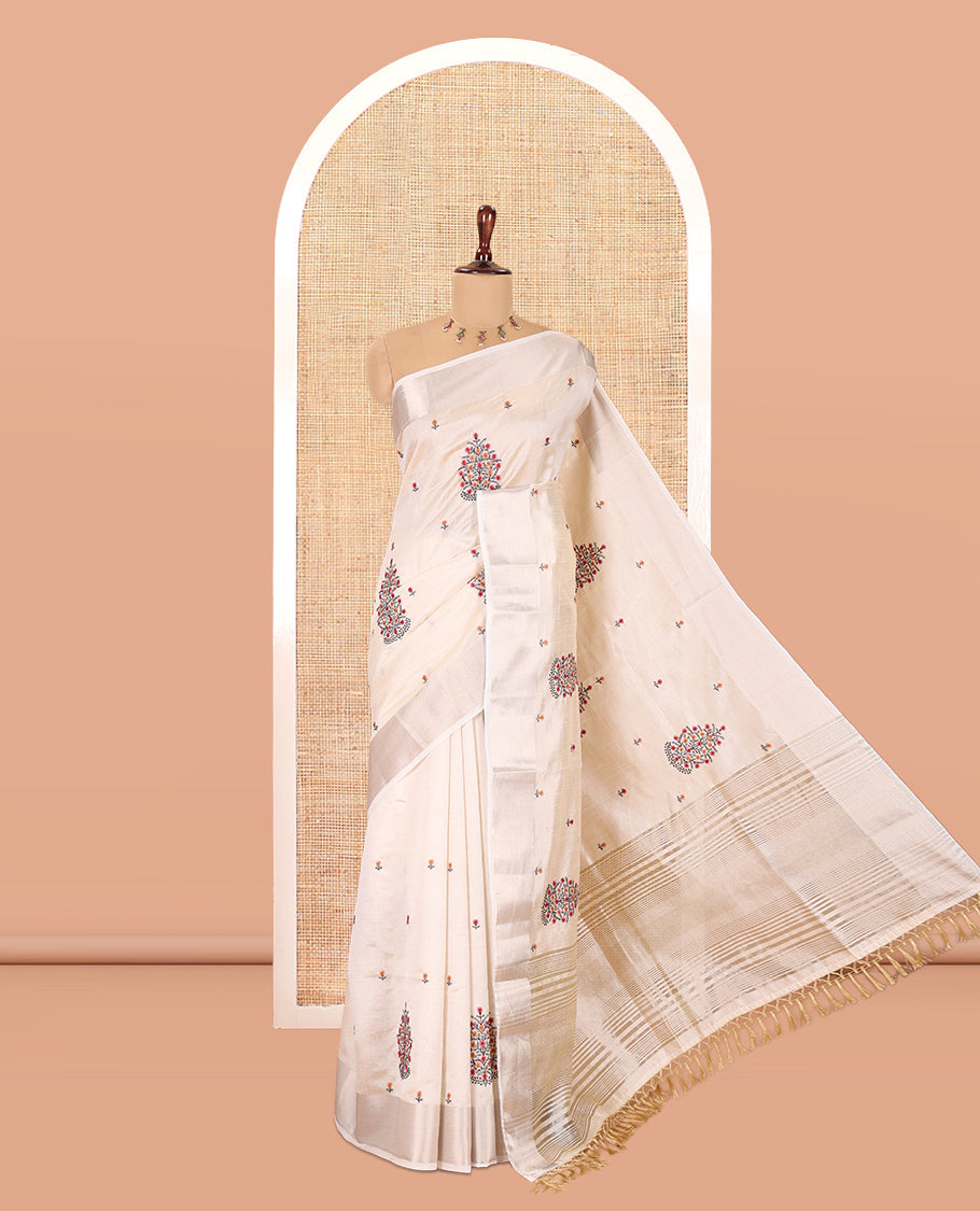 Cream Tree Embroidered Semi-Tussar Saree, a Zari Border, Matching Blouse