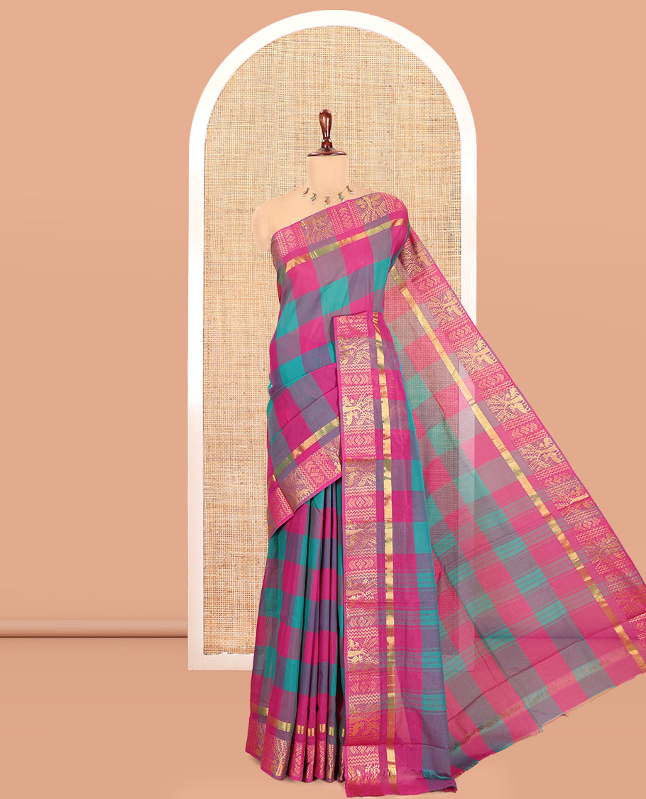 Multi-Color Checked Chettinad Cotton Saree, a Traditional Zari Border, Subtle Pallu, and No Blouse