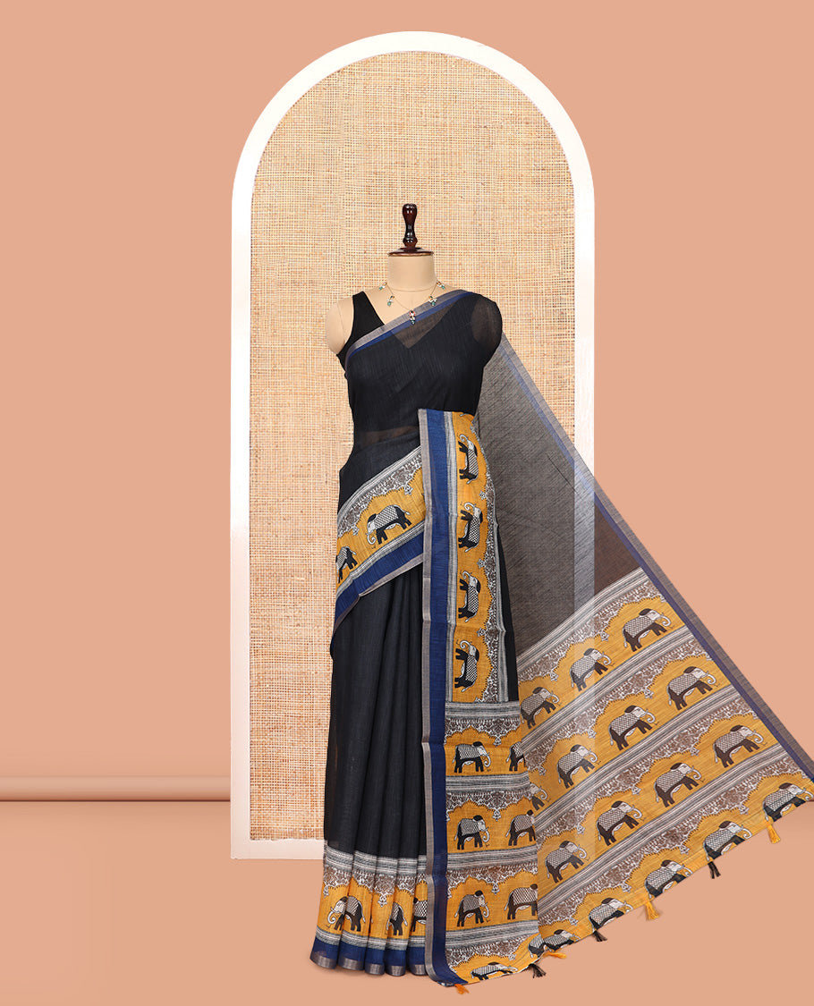 Black Plain Linen Cotton Saree, a Contrast Elephant Motif Border, Elephant Printed Pallu, a Contrast Elephant Printed Blouse