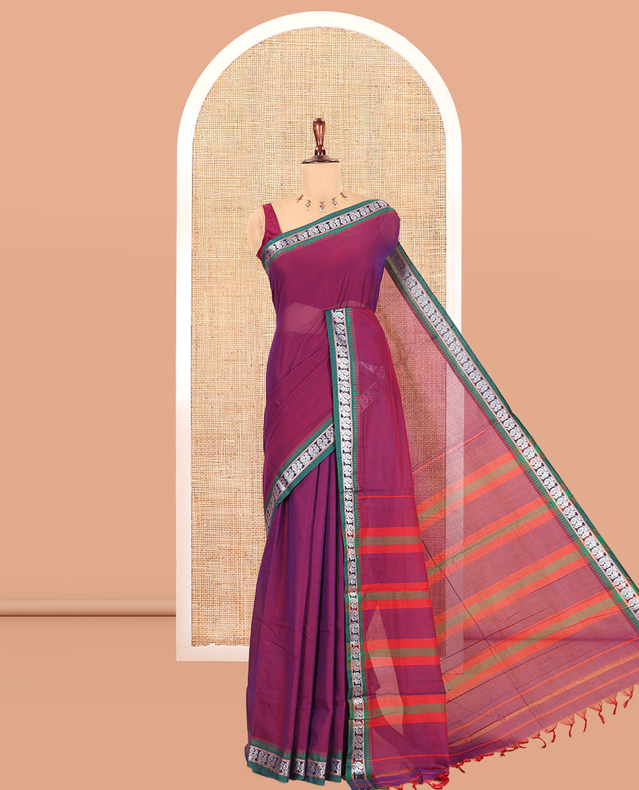 Purple Plain Mercerized Cotton Saree, a Contrast Peacock Temple Thread Border, Striped Pallu, and a Matching Blouse