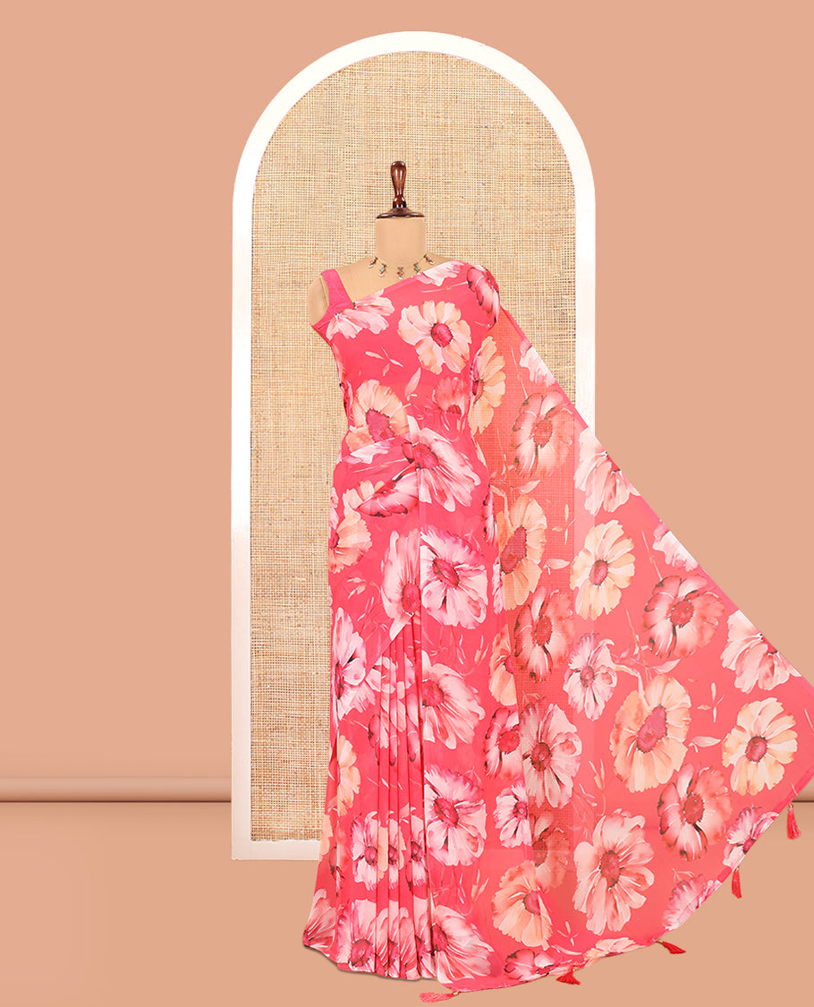 Borderless Rani Pink Chiffon Saree, Accentuated with Floral Motif Print, a Self-Pallu, and No Blouse