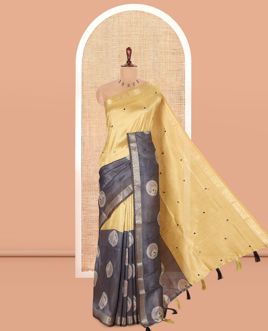 Yellow-Grey Semi-Tussar Saree