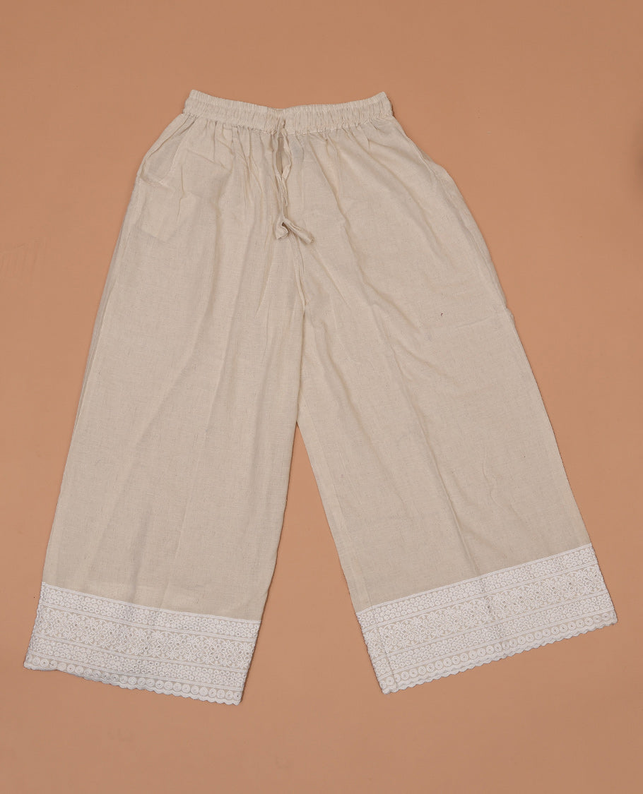 Chikku floral-theme motifs thread and sequins embroidered khadi mul cotton palazzo pants