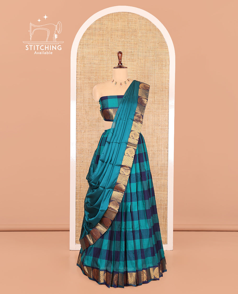 Rama-Navy Chettinad Cotton Half Saree Features Checked Skirt, a Paisley-Jaal Border, Matching Blouse, Contrast Dhavani