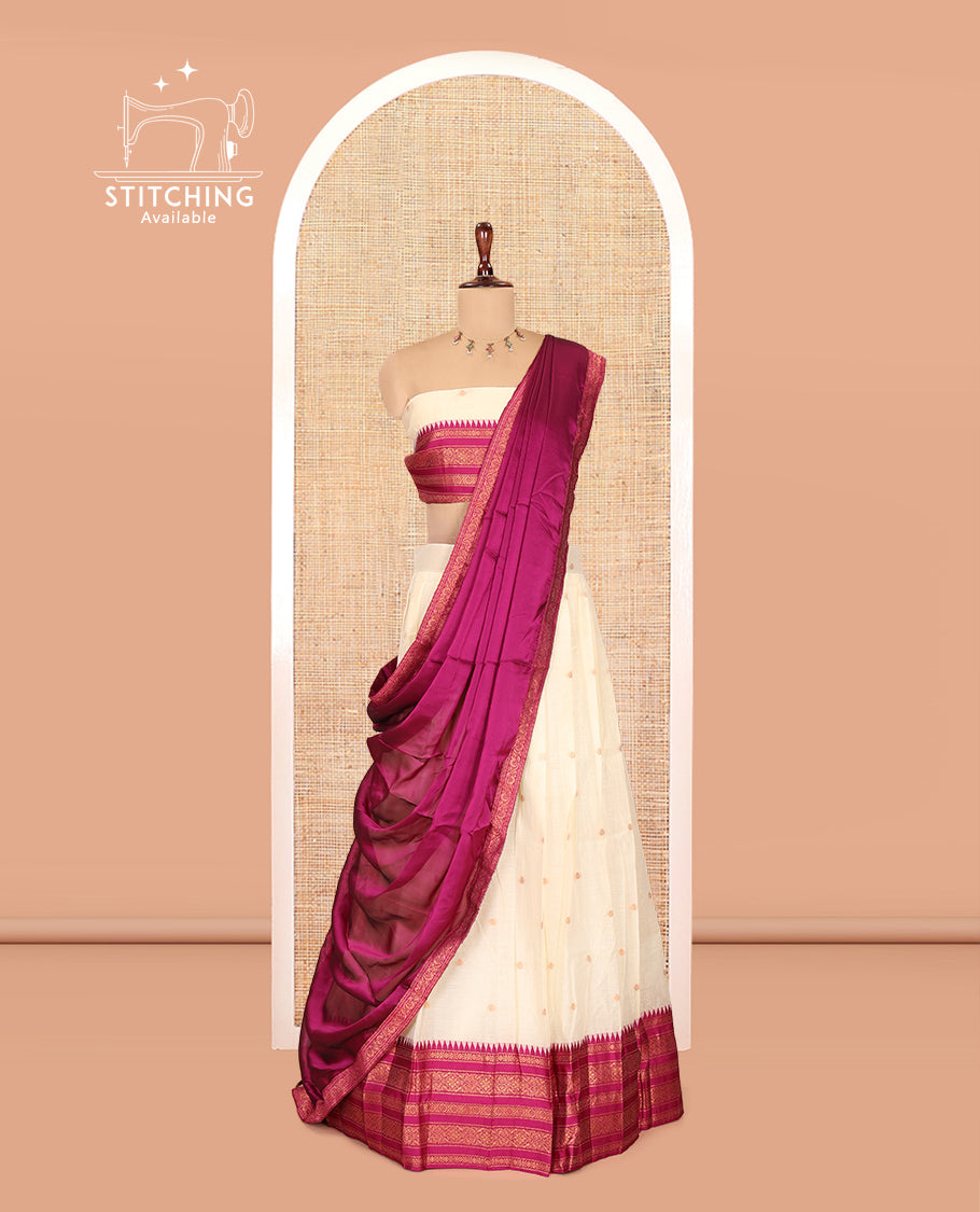 Sandal-Magenta Banaras Kota Half-Saree, Zari Buttas Skirt, Contrast Traditional Border, Matching Blouse, Contrast Dhavani