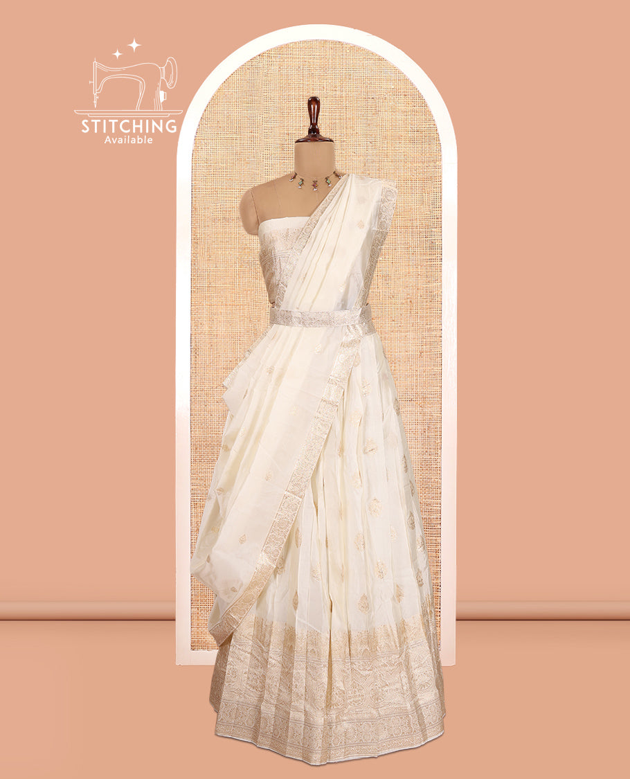 Cream Semi-Silk Half-Saree, Enriched with Zari Buttas Skirt, Traditional Big Border, Matching Blouse, Dhavani