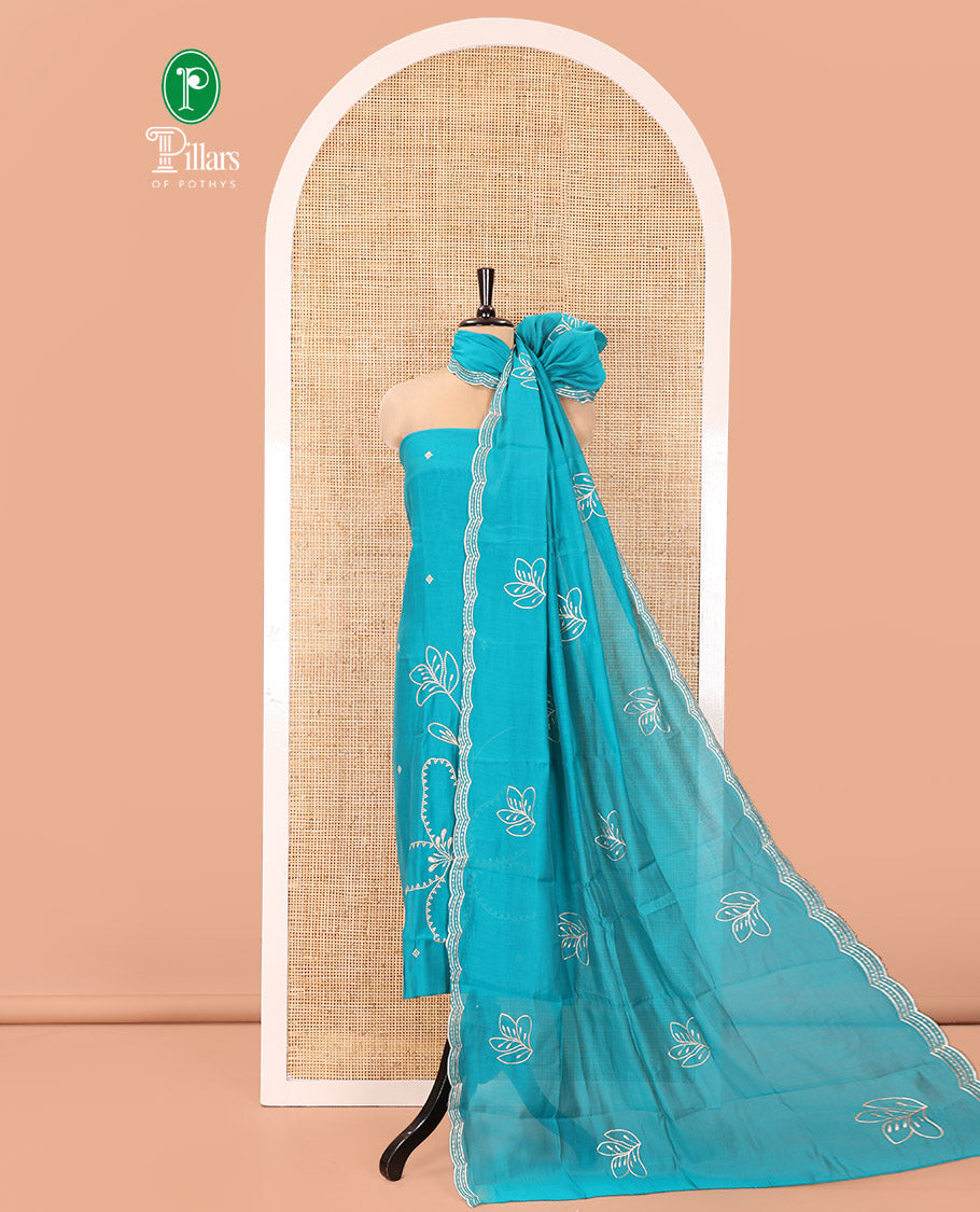 Blue Mul Chanderi Designer Material Chudidar Set, Meticulously Woven with Big Floral Motifs Embroidered On Its Top, A Plain Santoon Bottom, and Paired with a Mul Chanderi Scallop Thread Embroidered Dupatta
