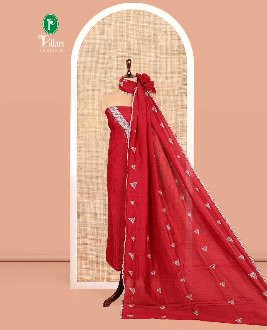 Maroon Vichitra Silk Material Chudidar Features a V-Neck Thread-Sequined Top, a Plain Bottom, Matching Thread-Sequined Dupatta