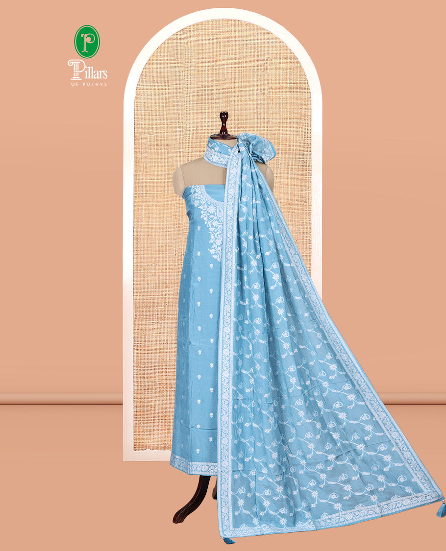 Sea Blue Viscose Muslin Material Churidar Features Buttas Thread Woven Top, a Santoon Bottom, and Floral Jaal Dupatta