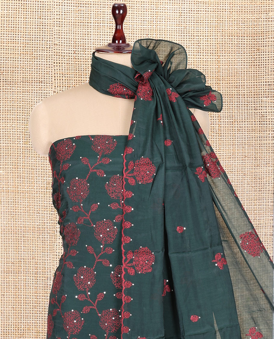 Bottel Green Mul Chanderi Material Churidar Features Floral Vine Embroidery Top, a Plain Bottom, and a Embroidered Dupatta