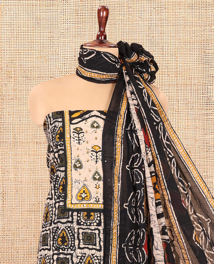 Black-Yellow Mul Cotton Material Chudidar, Batik Printed Top, a Contrast Bottom, and Batik Print Dupatta