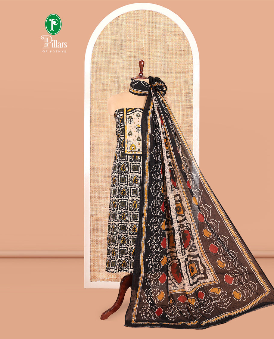 Black-Yellow Mul Cotton Material Chudidar, Batik Printed Top, a Contrast Bottom, and Batik Print Dupatta
