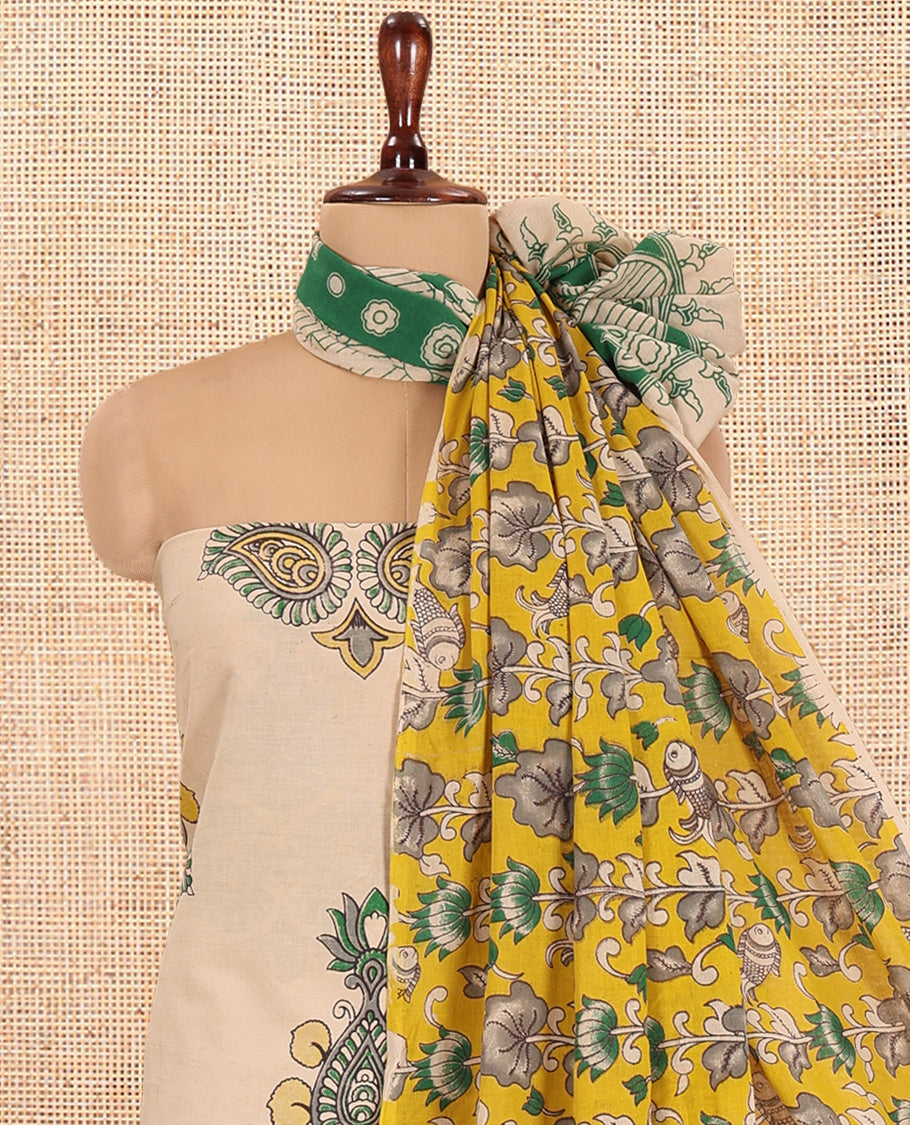 Chikku-Green Cotton Material Chudidar, Kalamkari Print Skirt, Contrast Bottom, Kalamkari Print Dhavani