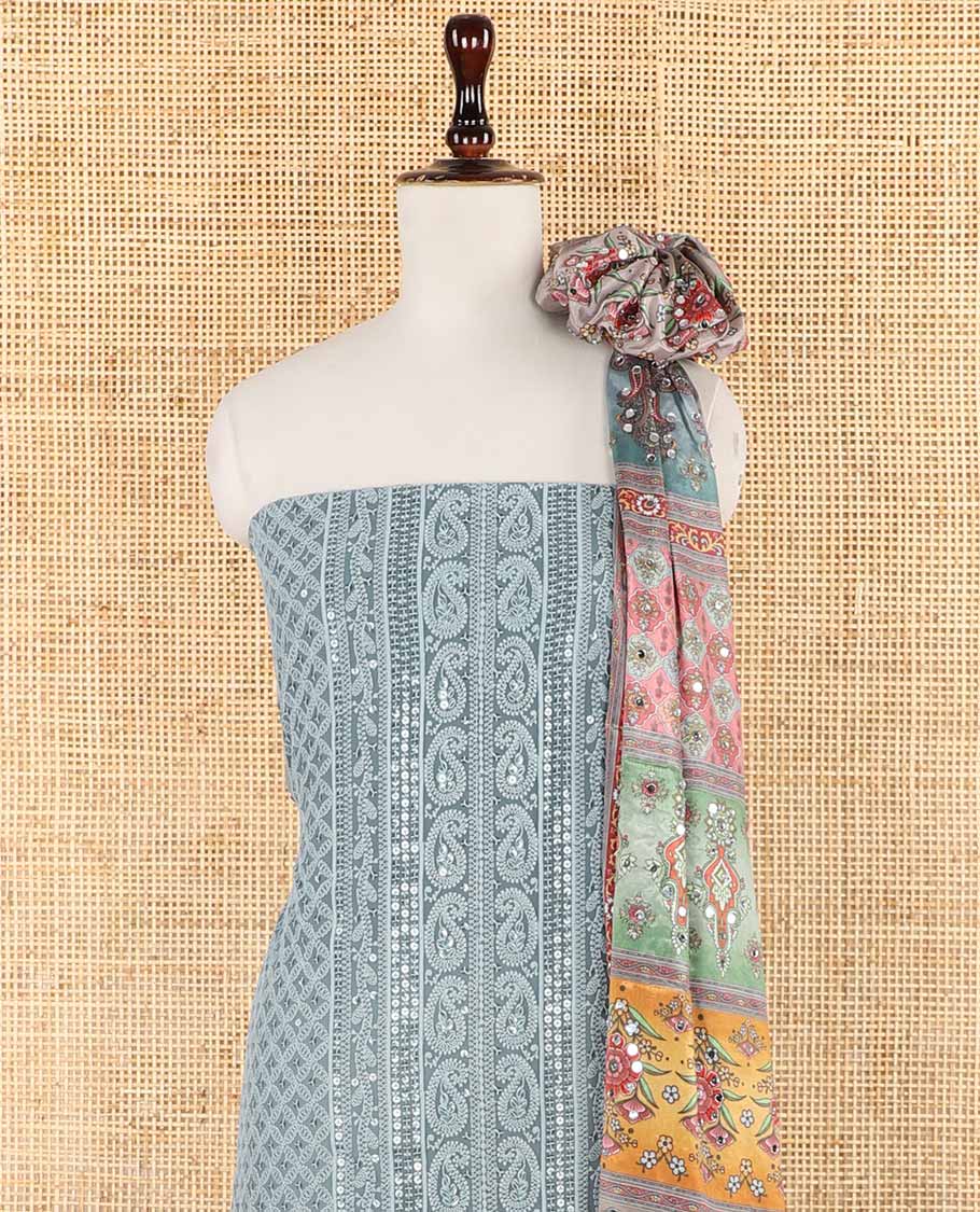 shifli lucknowi embroidery mango design georgette chudidhar material top with american crepe pant & floral digital print, sequins embroider dupatta