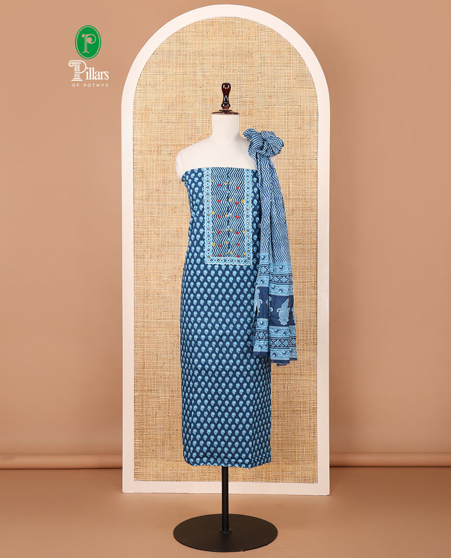 Green material chudidar set, patch embroidered top, plain bottom, and contrast floral printed dupatta main image 1