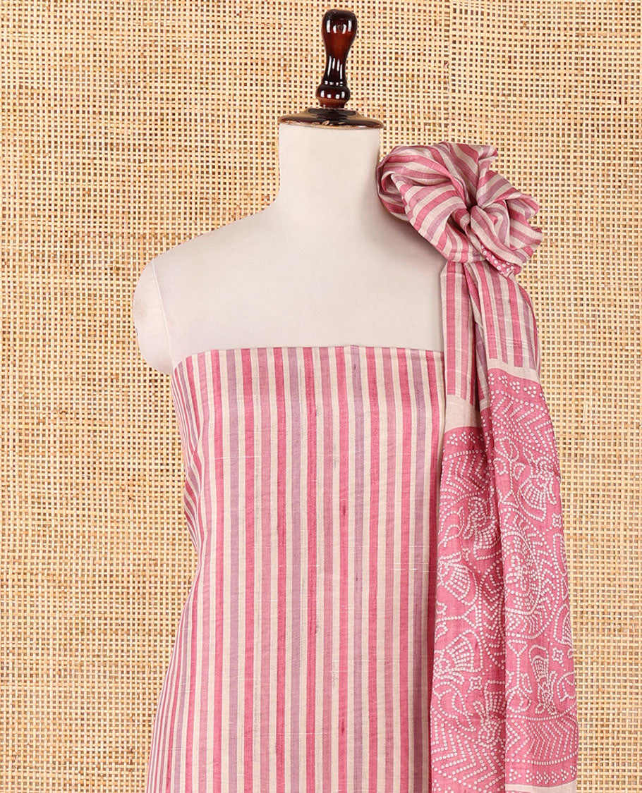 Pink semi-tussar material chudidar set, stripes & bandhani-style dotted motifs printed top & dupatta with heathered bottom