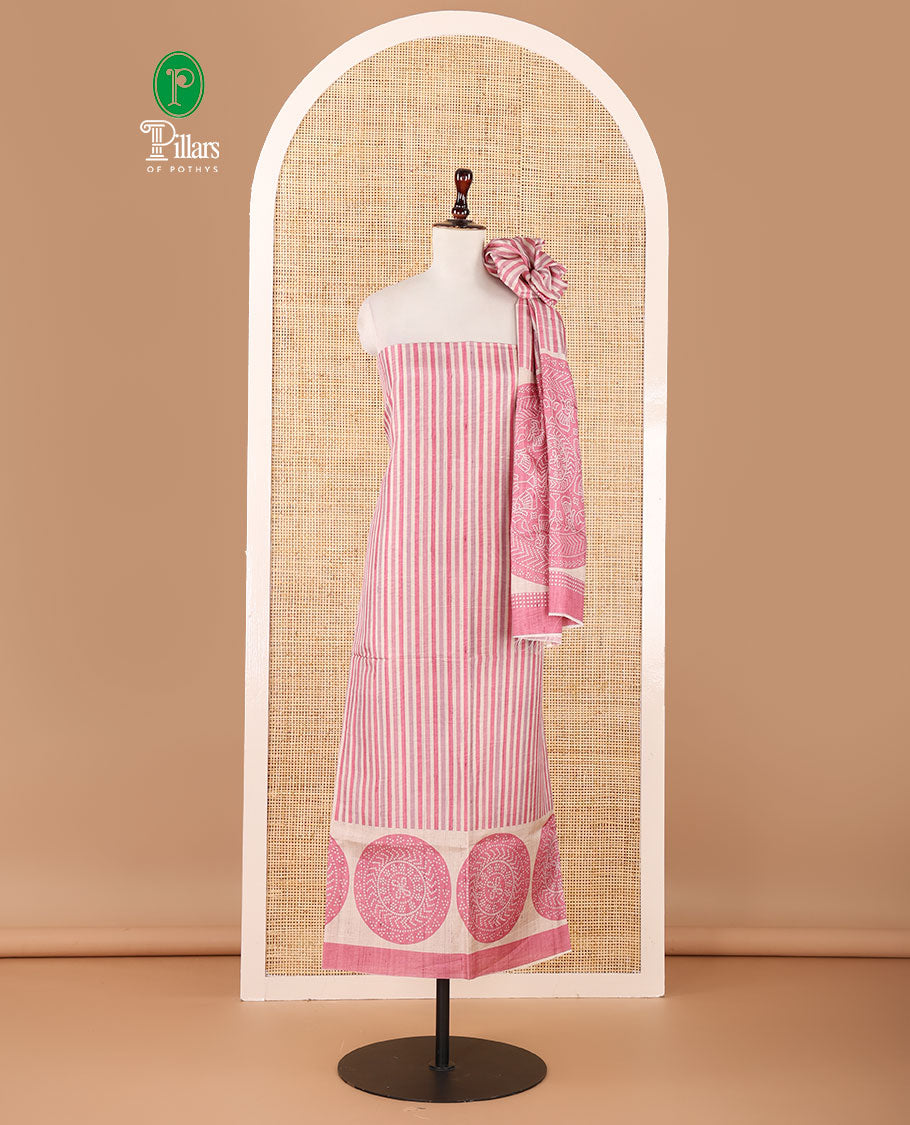 Pink semi-tussar material chudidar set, stripes & bandhani-style dotted motifs printed top & dupatta with heathered bottom