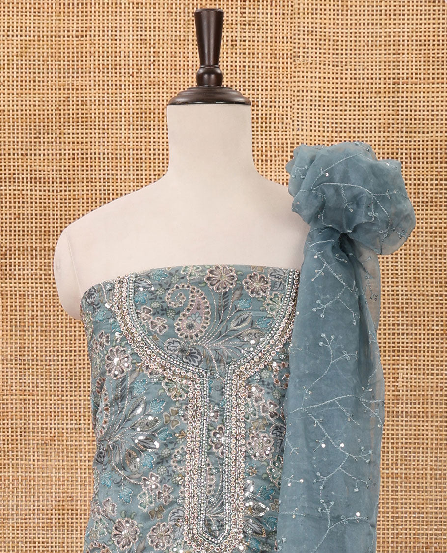 Sapphire green material chudidar set, floral printed & outline mixed embroidery organza top,plain bottom & floral vine sequins embroidery dupatta
